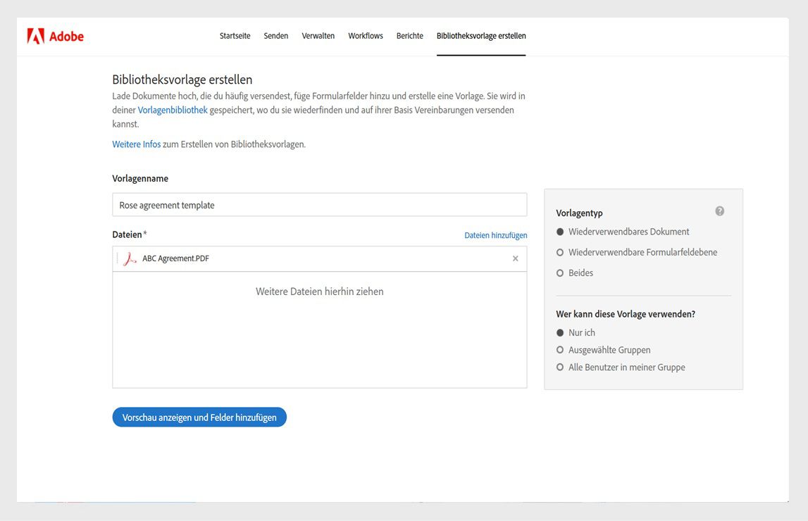 Auf der Seite „Bibliotheksvorlage erstellen“ werden Optionen angezeigt, mit denen du der Vorlage einen Namen geben, Dateien hinzufügen, die als Vorlagen verwendet werden sollen, und den Vorlagentyp auswählen kannst.