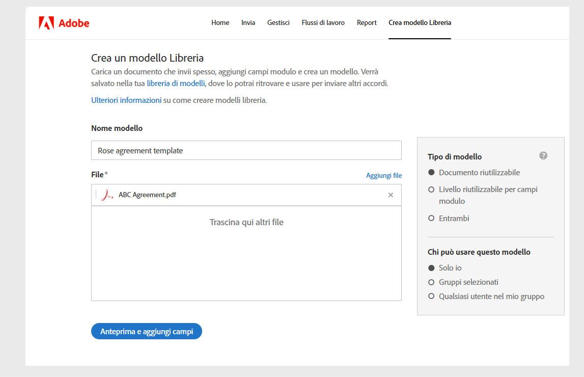 Pagina Crea un modello di libreria che mostra le opzioni per assegnare un nome al modello, aggiungere file da utilizzare come modelli e selezionare il tipo di modello.