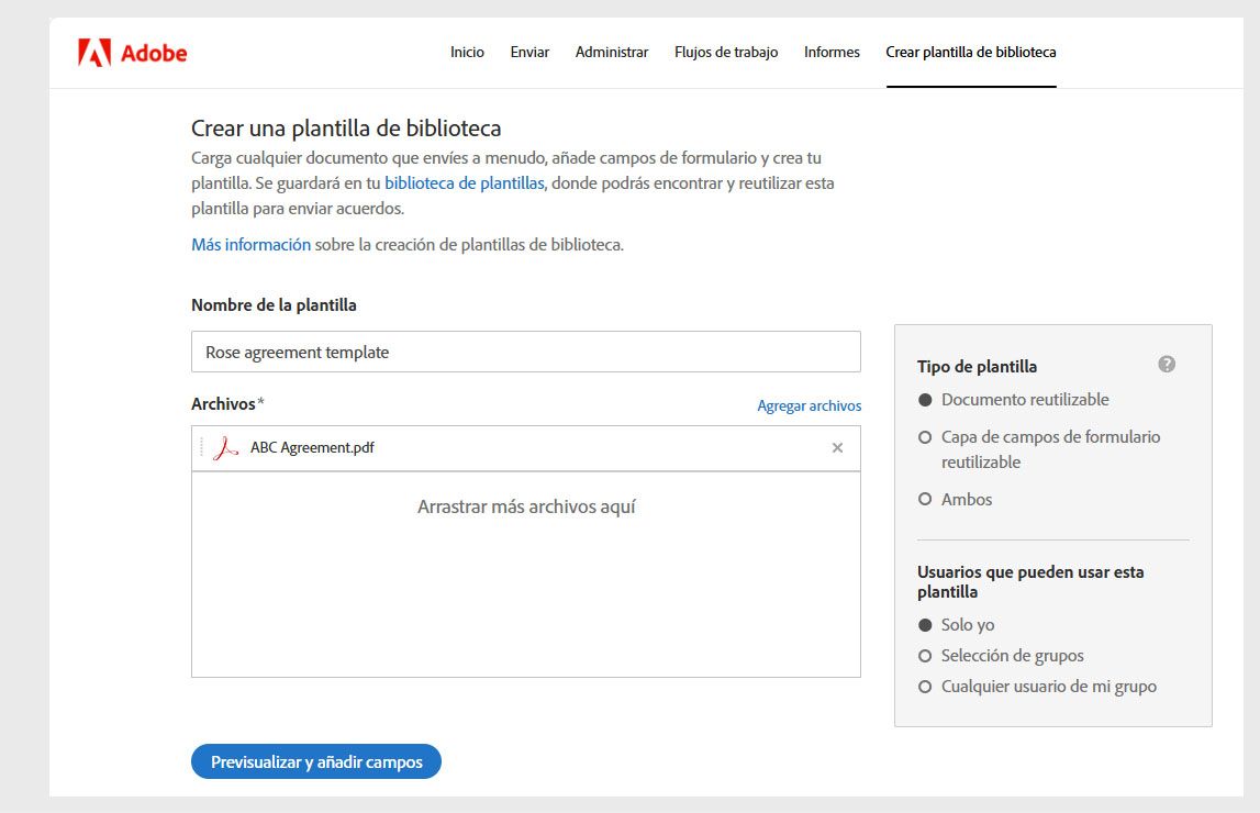 La página Crear una plantilla de biblioteca muestra opciones para dar un nombre a la plantilla, añadir archivos que se utilizarán como plantillas y seleccionar el tipo de plantilla.