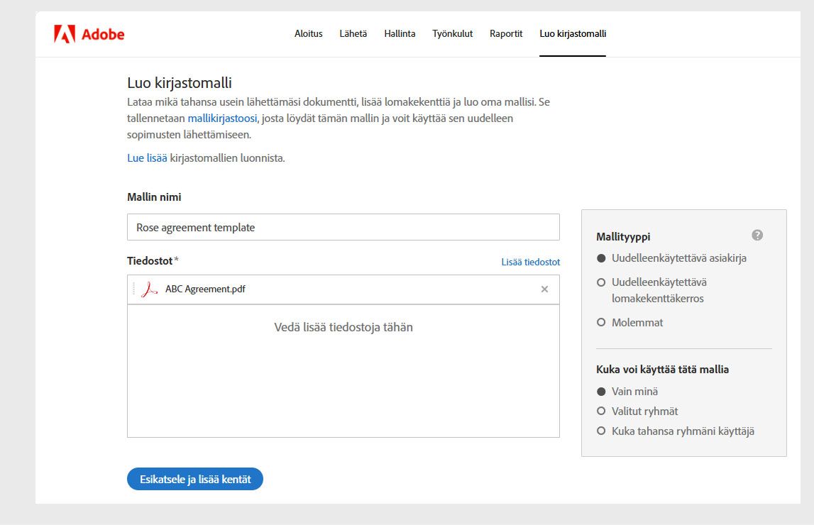 Luo kirjastomalli -sivulla on vaihtoehtoja antaa mallille nimi, lisätä tiedostoja malleiksi ja valita mallin tyyppi.