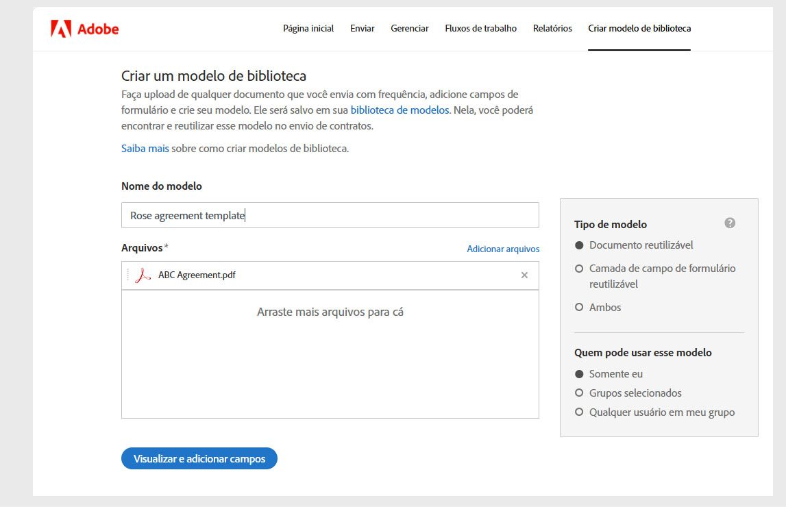 A página Criar um modelo de biblioteca mostra opções para dar um nome ao modelo, adicionar arquivos para usar como modelo e selecionar o tipo de modelo.