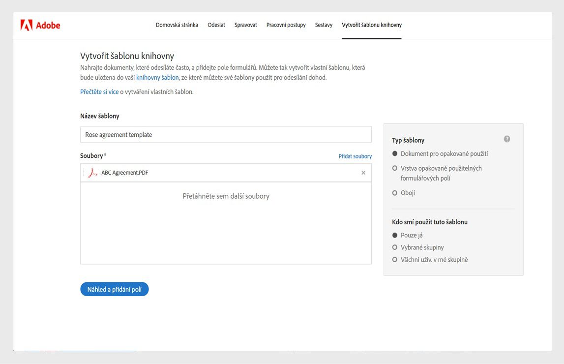 Na stránce Vytvořit šablonu knihovny se zobrazí možnosti, jak dát šabloně název, přidat soubory, které se mají použít jako šablony, a vybrat typ šablony.