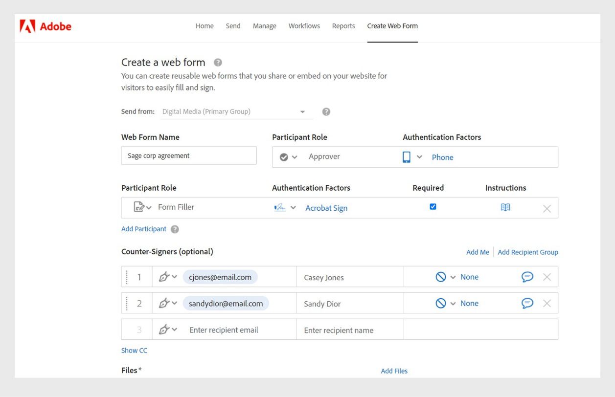 הדף 'צור טופס אינטרנט’ מציג שדות להוספת שם טופס האינטרנט, המשתתפים, תפקידים, גורמי אימות ופרטי חותם החתימה הנגדית.