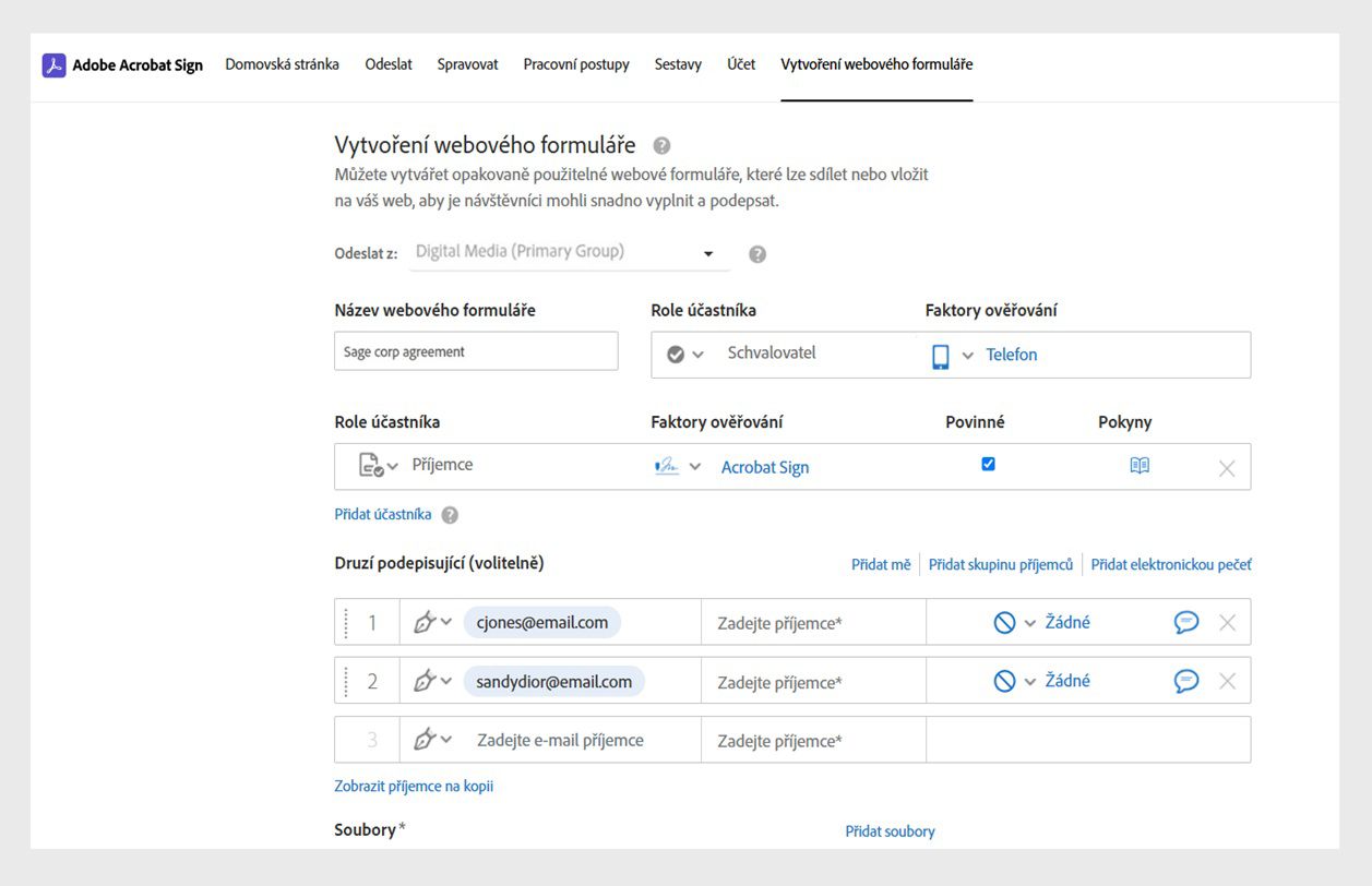 Stránka Vytvořit webový formulář zobrazuje pole pro přidání názvu webového formuláře, účastníků, rolí, ověřovacích faktorů a podrobností o druhém podepisujícím.