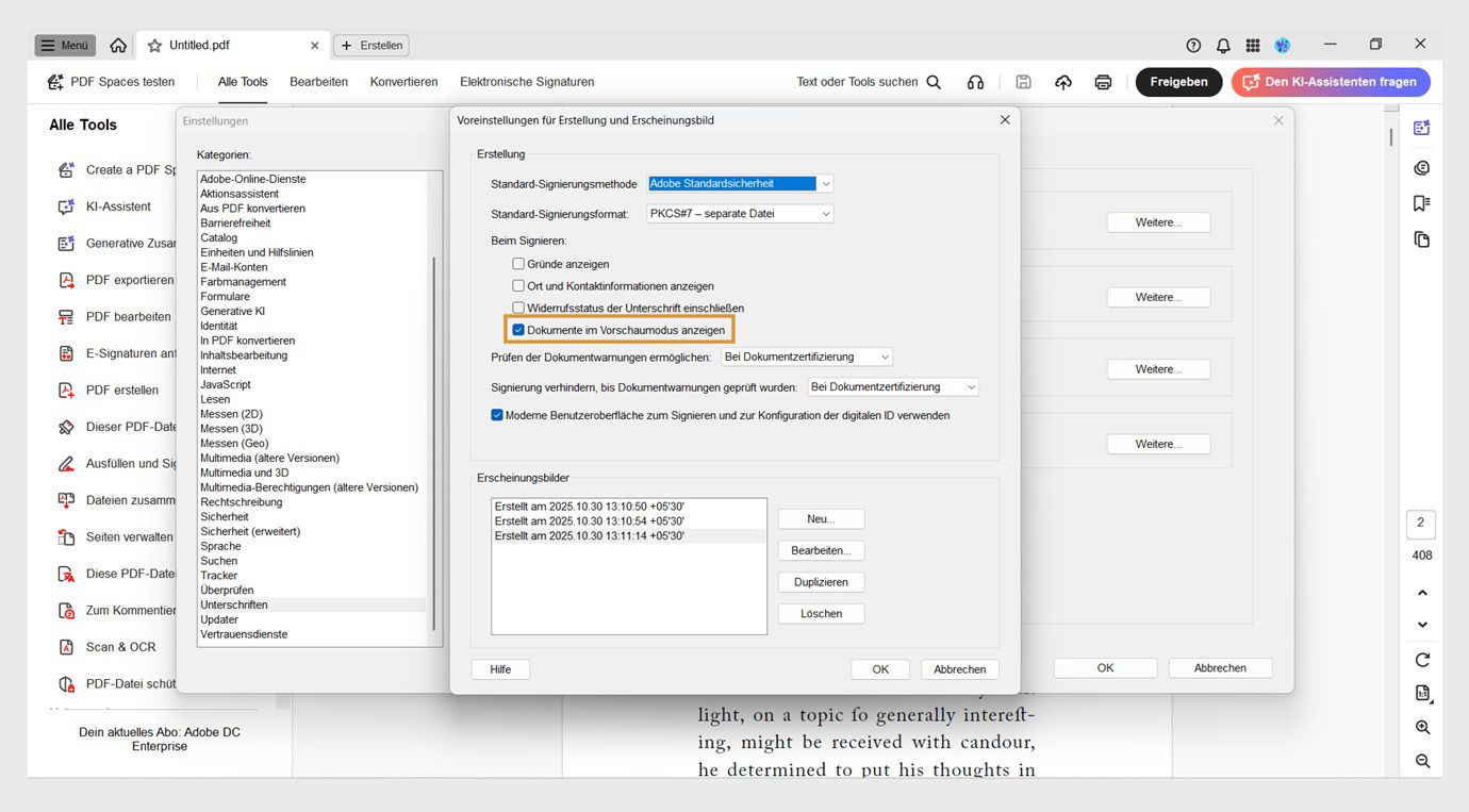 Das Dialogfeld für Erstellung und Erscheinungsbild verschiedene Einstellungen an. Die Option „Dokumente im Vorschaumodus anzeigen“ ist aktiviert, damit Benutzer Dokumente im Vorschauformat anzeigen können.