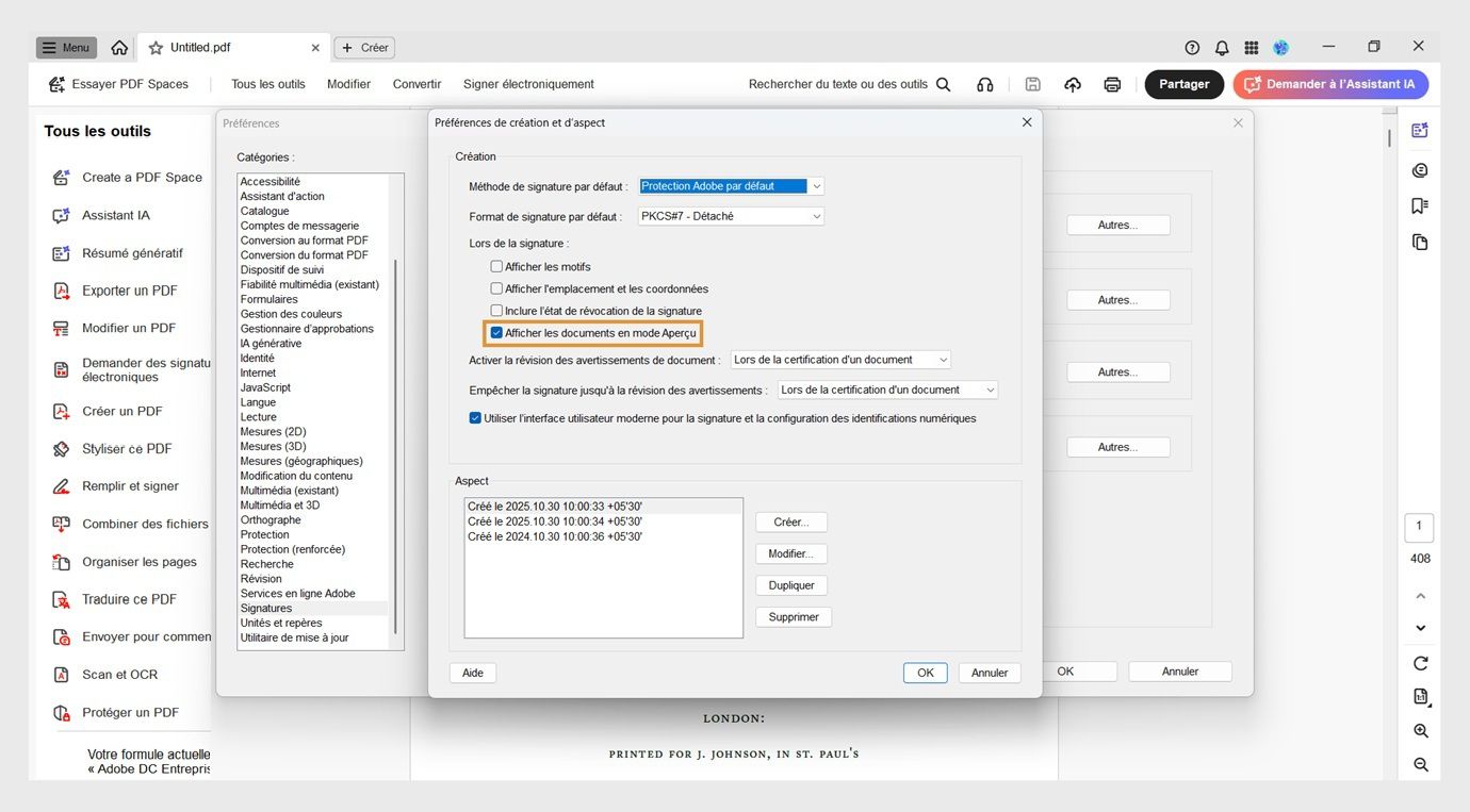 La boîte de dialogue Préférences de création et d'apparence affiche divers paramètres.L’option Afficher les documents en mode Aperçu est activée pour permettre aux utilisateurs de visualiser les documents en format d’aperçu.