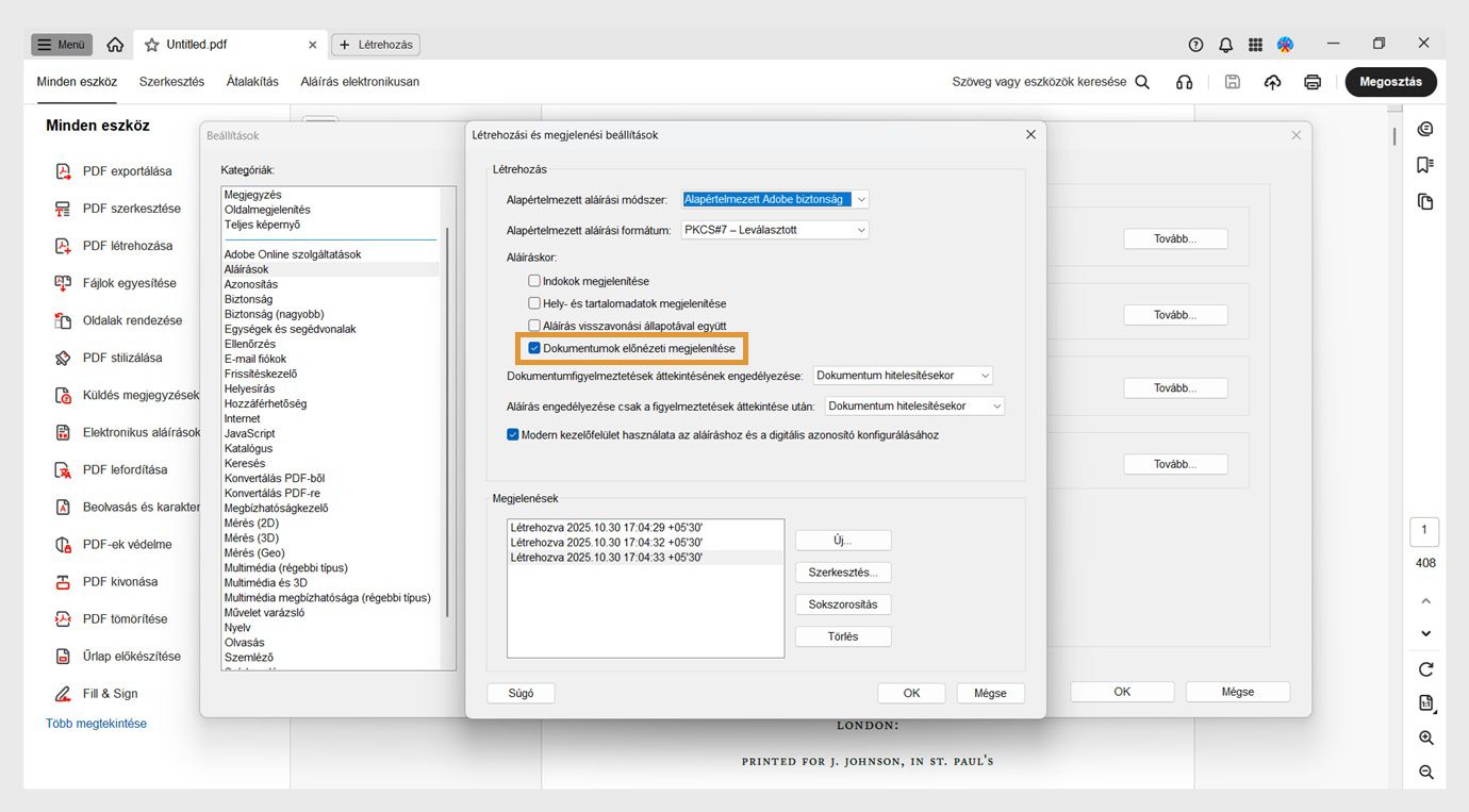 A Létrehozás és megjelenés beállításai párbeszédpanel különböző beállításokat jelenít meg.A Dokumentumok megtekintése előnézeti módban opció engedélyezve van, hogy a felhasználók előnézeti formátumban tekinthessék meg a dokumentumokat.