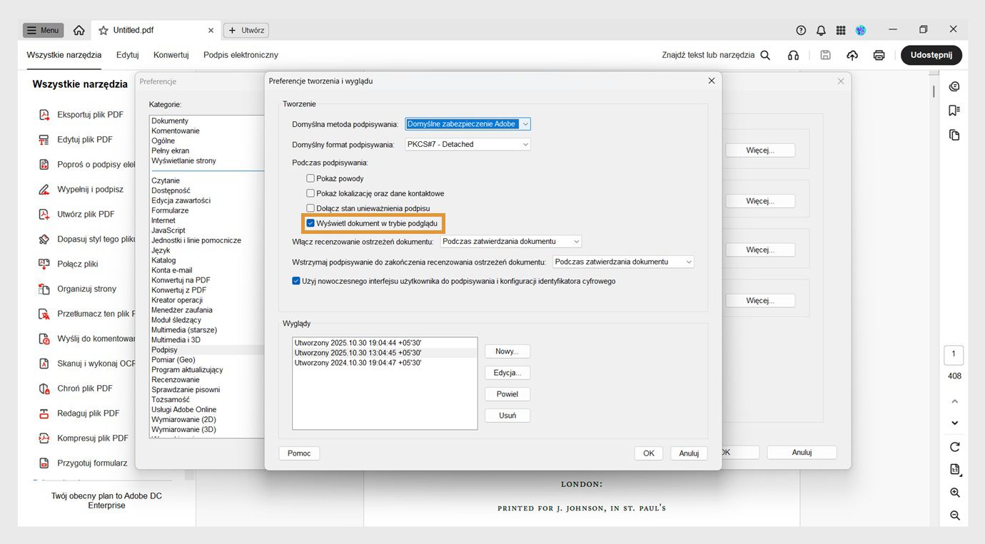 Okno dialogowe preferencji tworzenia i wyglądu wyświetla różne ustawienia. Opcja Wyświetlaj dokumenty w trybie podglądu jest włączona, aby umożliwić użytkownikom wyświetlanie dokumentów w formacie podglądu.