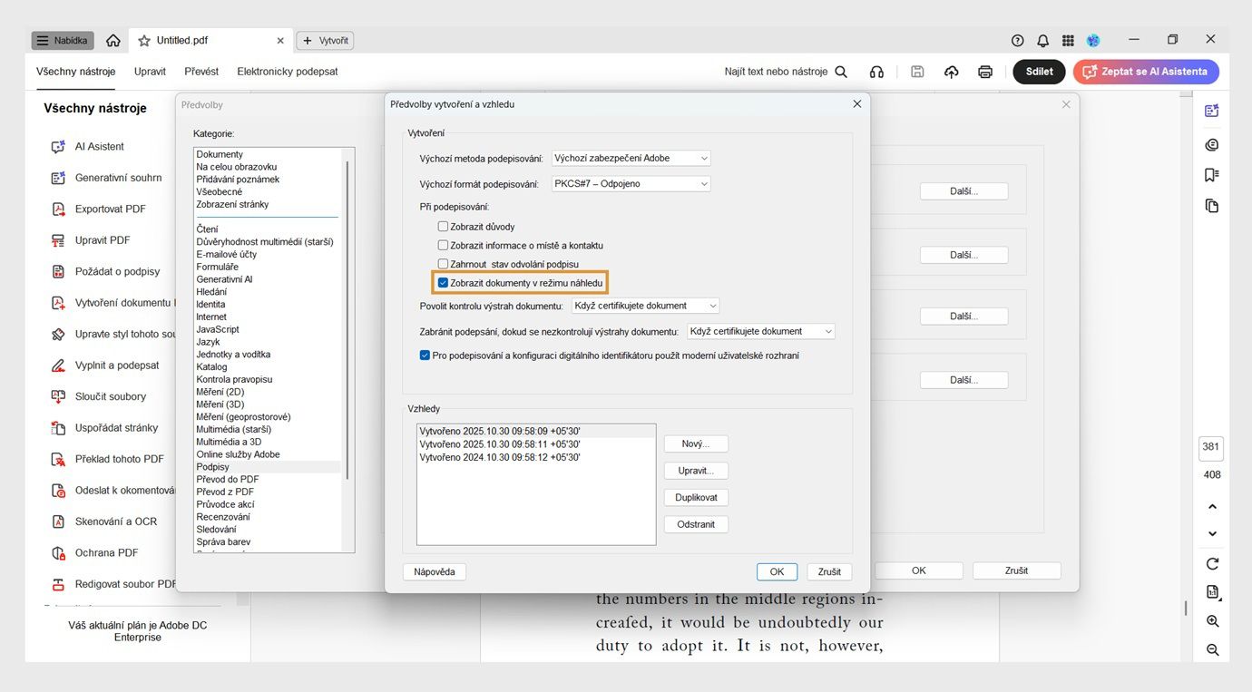 Dialogové okno Nastavení vytvoření a vzhledu zobrazuje různá nastavení.Možnost Zobrazit dokumenty v režimu náhledu je povolena, aby uživatelé mohli zobrazovat dokumenty v náhledovém formátu.