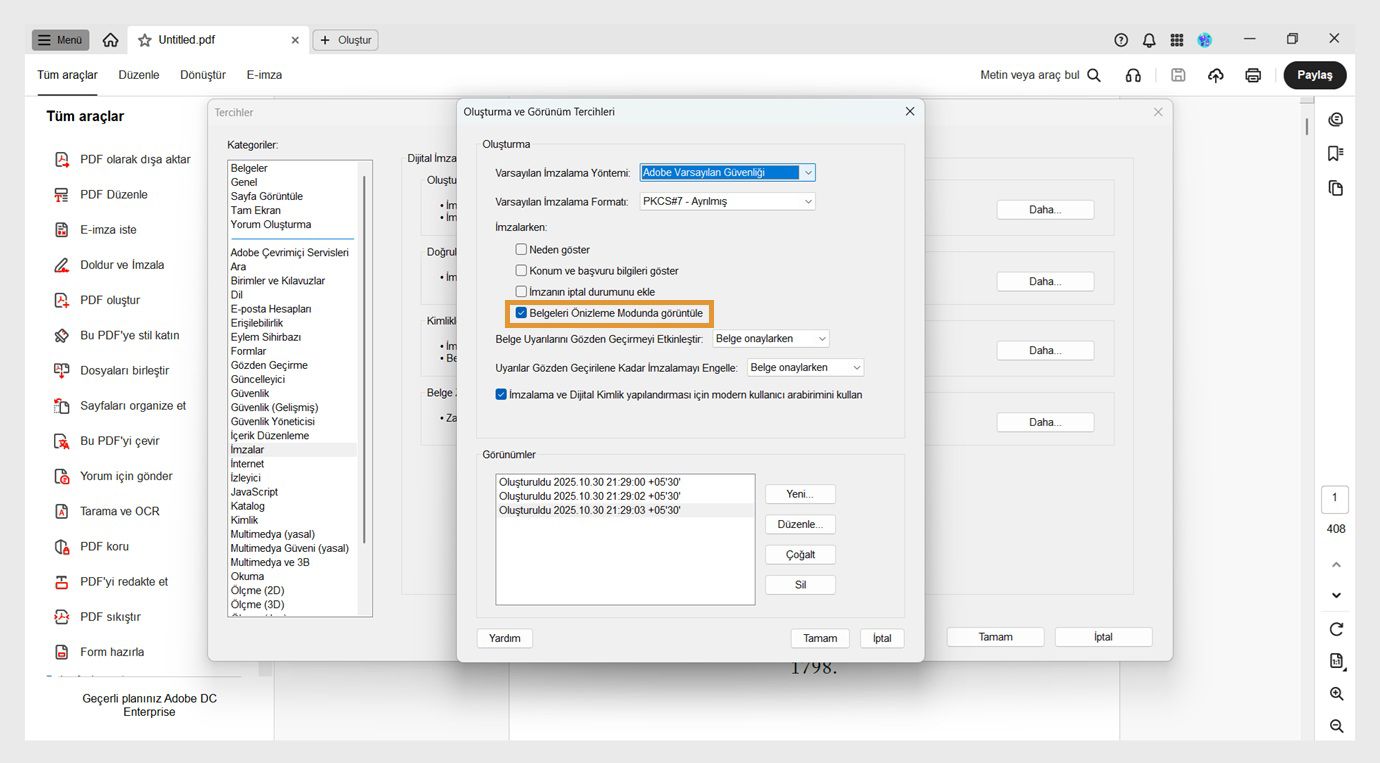 Oluşturma ve Görünüm Tercihleri iletişim kutusu çeşitli ayarları görüntüler.Kullanıcıların belgeleri önizleme formatında görüntülemesine izin vermek için Belgeleri Önizleme Modunda Görüntüle seçeneği etkinleştirilir.