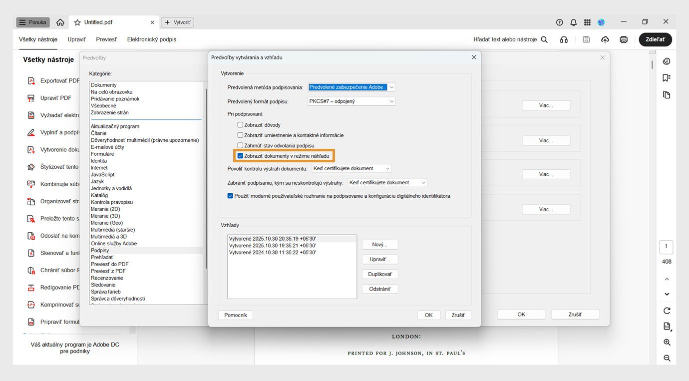 Dialógové okno Preferencie vytvorenia a vzhľadu zobrazuje rôzne nastavenia.Možnosť Zobraziť dokumenty v režime náhľadu je povolená, aby používatelia mohli zobraziť dokumenty vo formáte náhľadu.