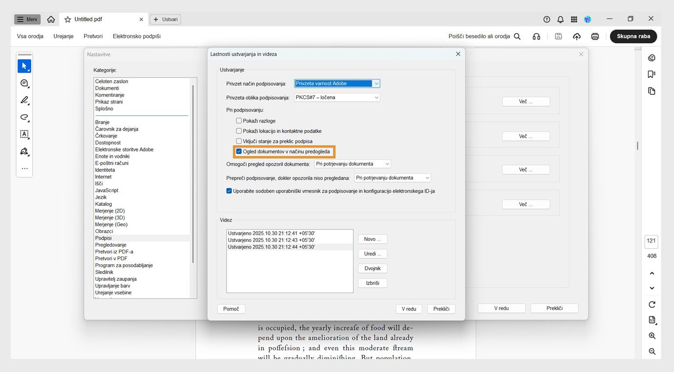V pogovornem oknu Nastavitve ustvarjanja in videza so prikazane različne nastavitve. Možnost Ogled dokumentov v načinu za predogled je omogočena, da lahko uporabniki odprejo dokumente v obliki za predogled.