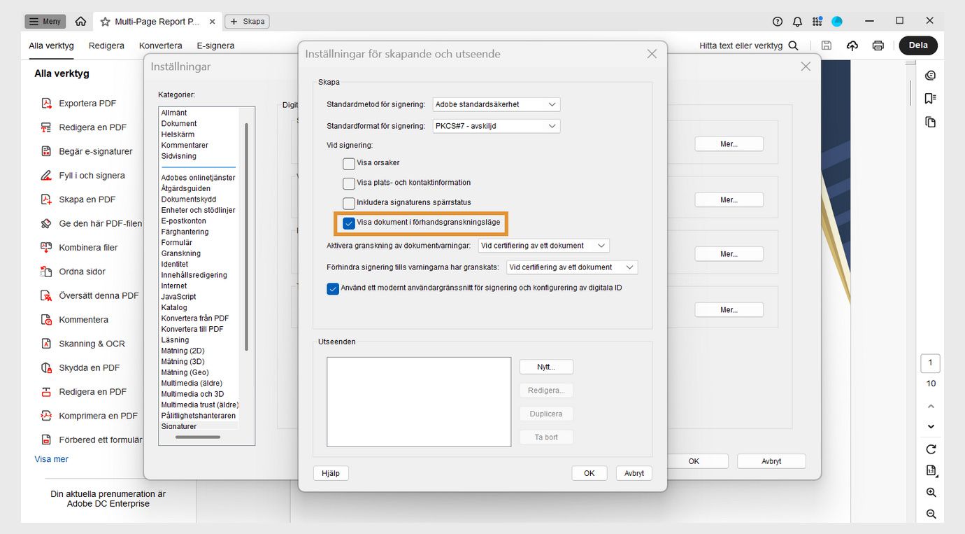 Dialogrutan för inställningar för skapande och utseende visar olika inställningar. Alternativet Visa dokument i förhandsgranskningsläge är aktiverat för att låta användare visa dokument i förhandsgranskningsformat.