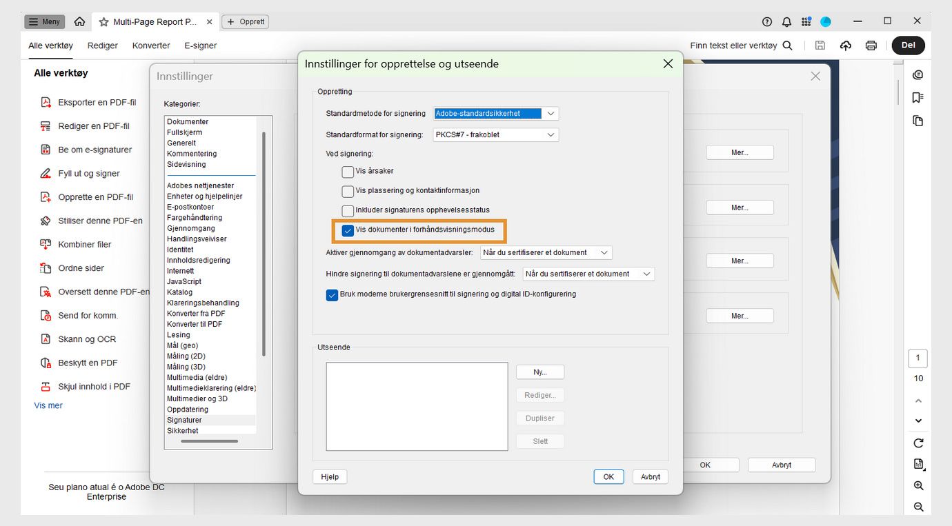 Dialogboksen for innstillinger for oppretting og utseende viser ulike innstillinger. Alternativet Vis dokumenter i forhåndsvisningsmodus er aktivert for å la brukere vise dokumenter i forhåndsvisningsformat.