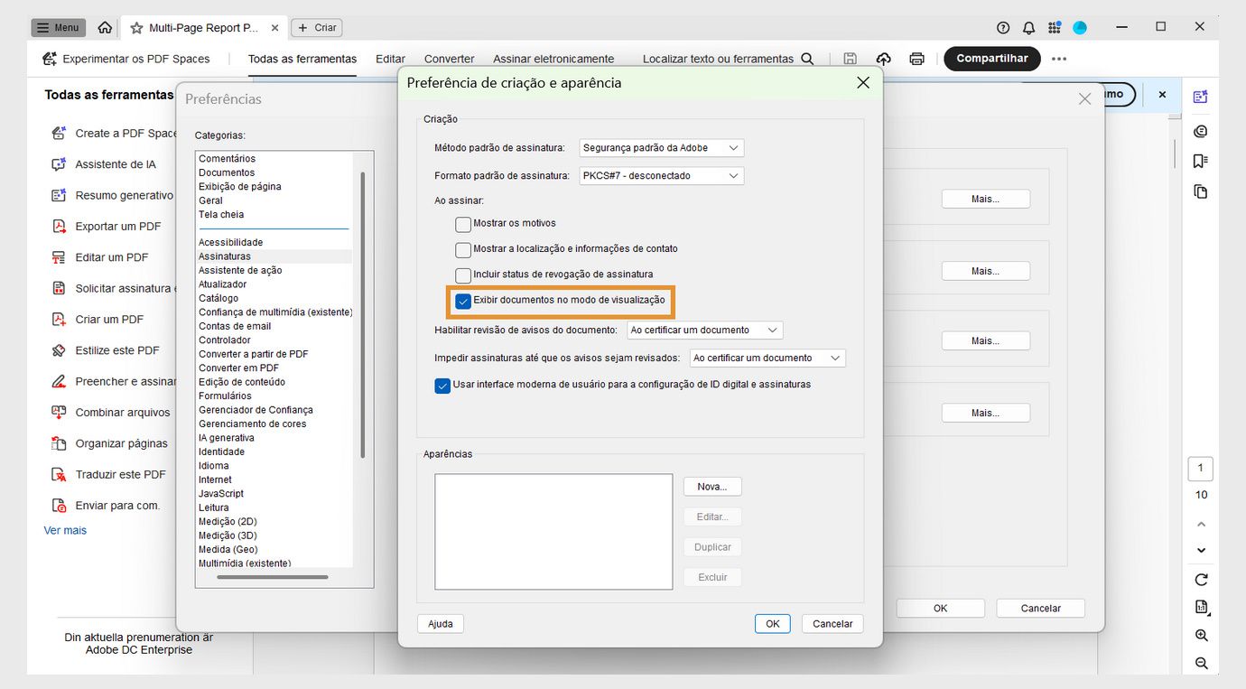 A caixa de diálogo Preferências de Criação e Aparência exibe várias configurações. A opção Exibir documentos no modo de visualização está ativada para permitir que os usuários vejam documentos no formato de visualização.