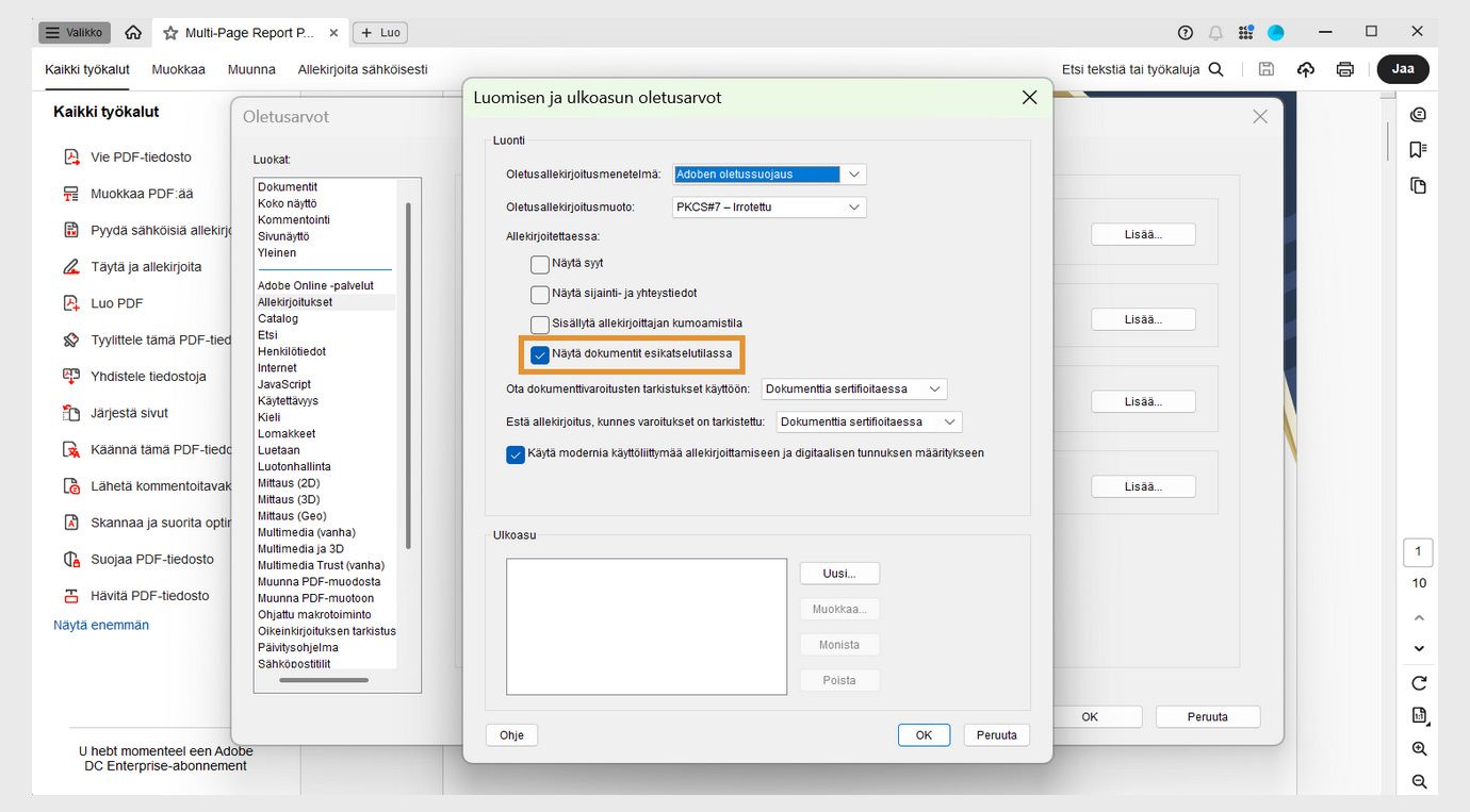 Luonti- ja ulkoasuasetusten valintaikkuna näyttää erilaisia asetuksia. Näytä Asiakirjojen tarkasteleminen esikatselutilassa -vaihtoehto on käytössä, jotta käyttäjät voivat tarkastella asiakirjoja esikatselumuodossa.