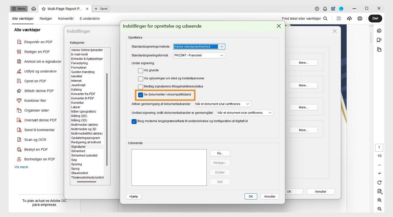 Dialogboksen Indstillinger for oprettelse og udseende viser forskellige indstillinger. Indstillingen Vis dokumenter i forhåndsvisningstilstand er aktiveret for at give brugerne mulighed for at se dokumenter i forhåndsvisningsformat.