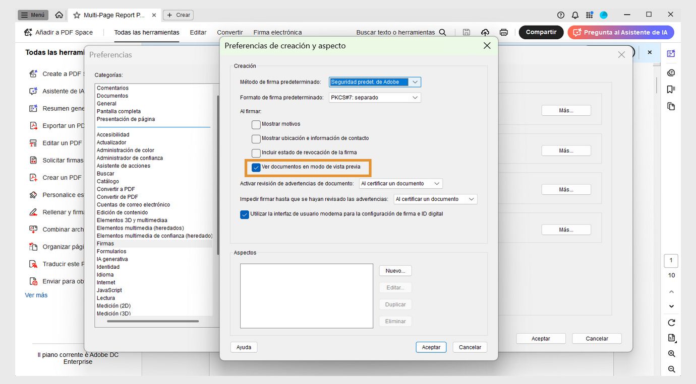 El cuadro de diálogo Preferencias de creación y apariencia muestra varias configuraciones. La opción Ver documentos en modo de vista previa está habilitada para permitir a los usuarios ver documentos en formato de vista previa.