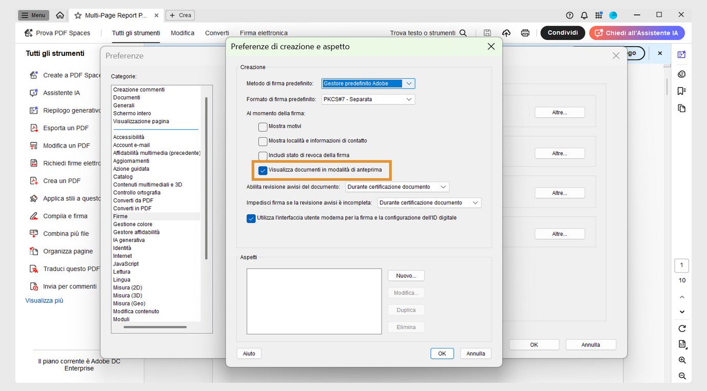 La finestra di dialogo Preferenze di creazione e aspetto mostra varie impostazioni. L’opzione Visualizza documenti in modalità anteprima è abilitata per consentire agli utenti di visualizzare i documenti in formato anteprima.