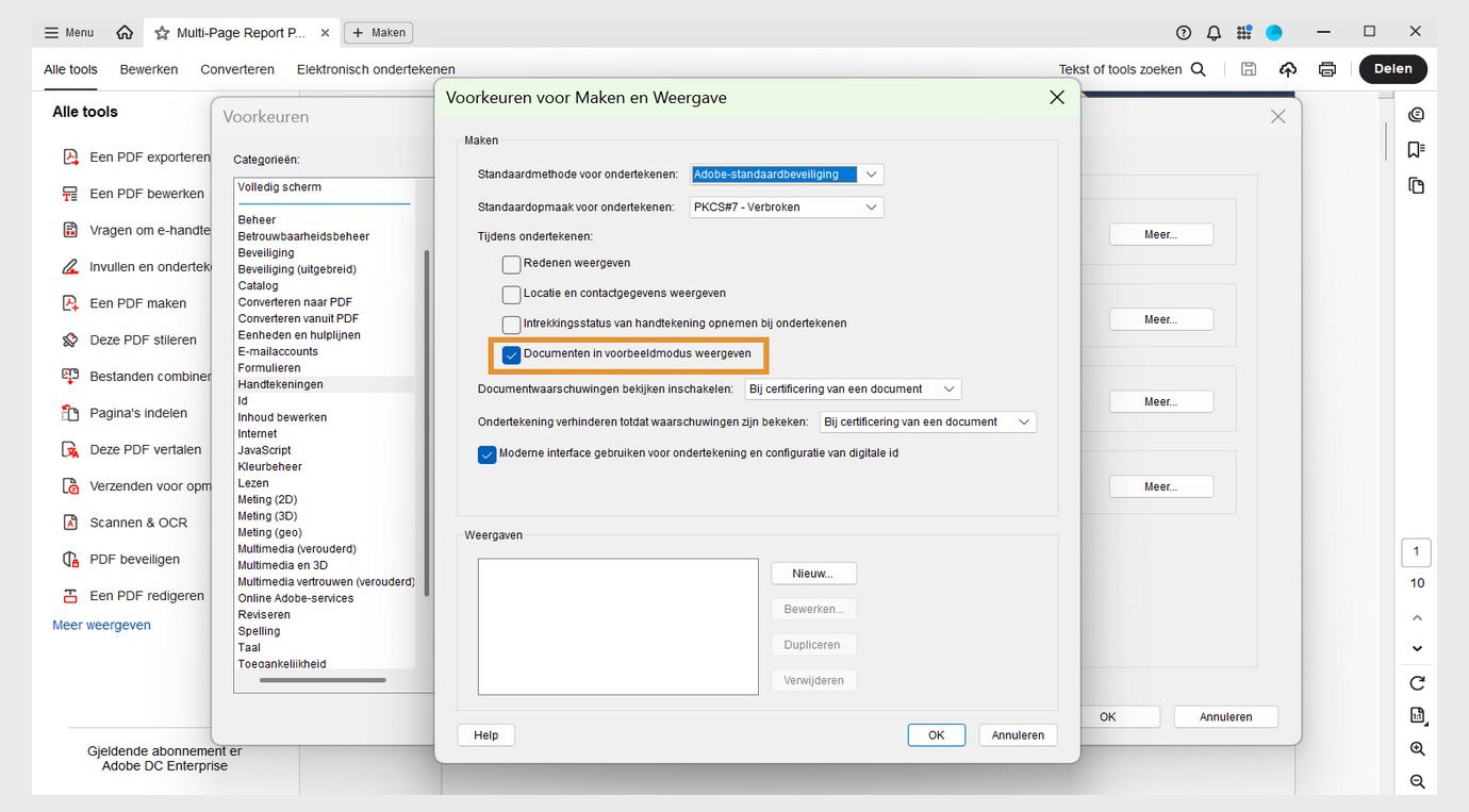 Het dialoogvenster Voorkeuren voor creatie en weergave toont verschillende instellingen. De optie Documenten weergeven in voorvertoningsmodus is ingeschakeld zodat gebruikers documenten in voorvertoningsformaat kunnen bekijken.