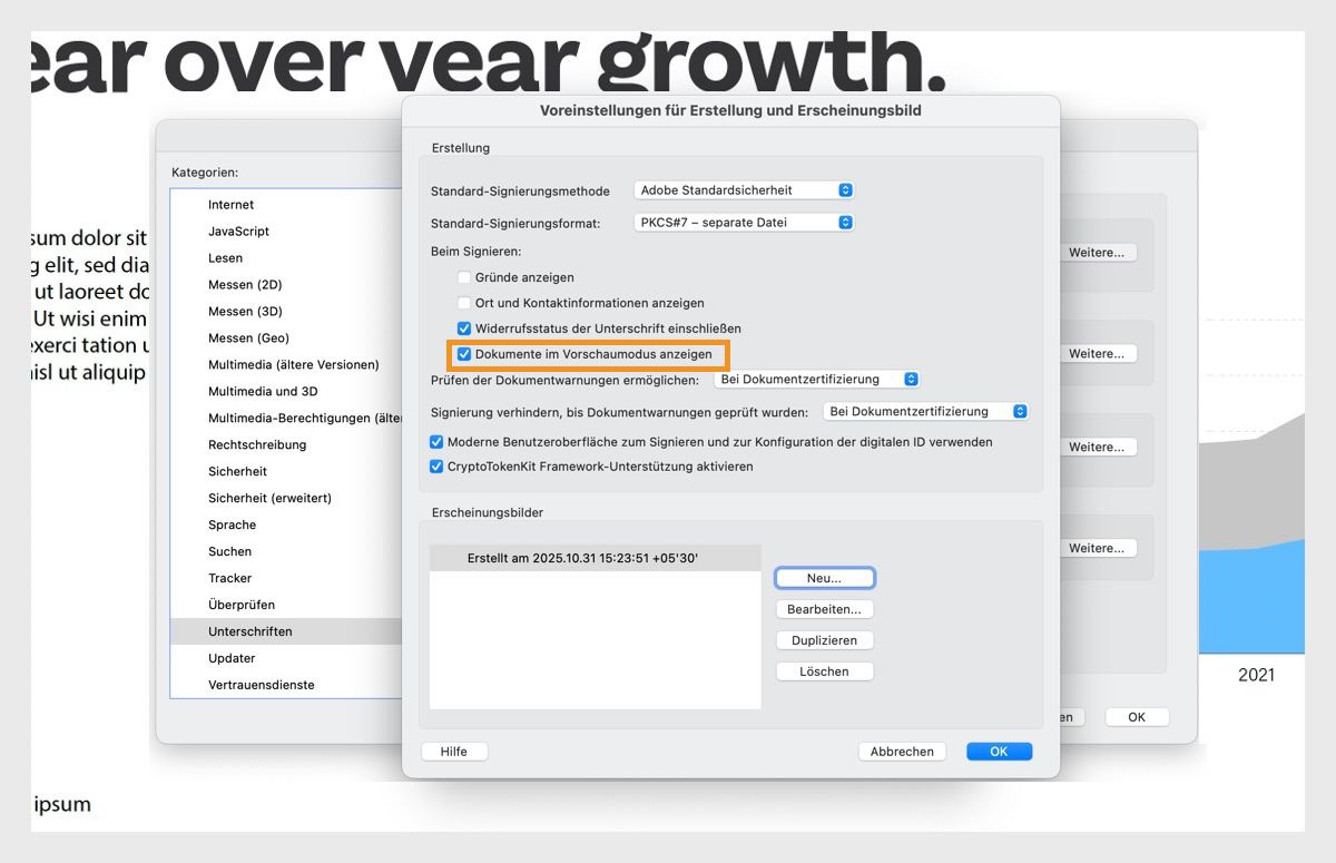 Das Dialogfeld für Erstellung und Erscheinungsbild verschiedene Einstellungen an.Die Option „Dokumente im Vorschaumodus anzeigen“ ist aktiviert, damit Benutzer Dokumente im Vorschauformat anzeigen können.