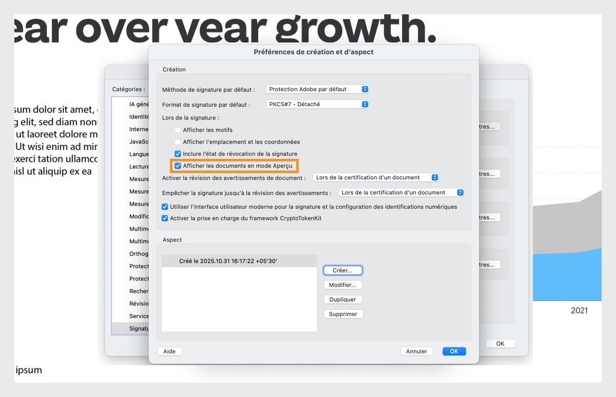 La boîte de dialogue Préférences de création et d'apparence affiche divers paramètres.L’option Afficher les documents en mode Aperçu est activée pour permettre aux utilisateurs de visualiser les documents en format d’aperçu.