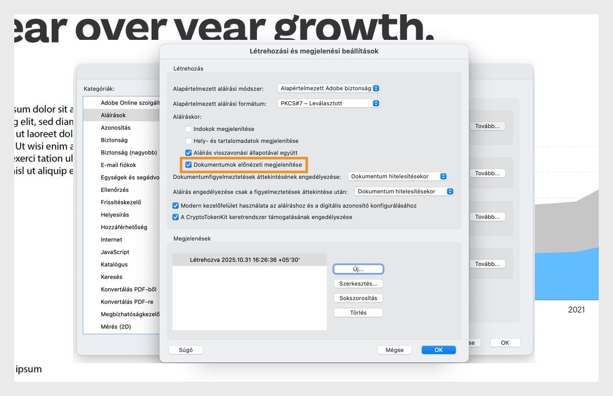 A Létrehozás és megjelenés beállításai párbeszédpanel különböző beállításokat jelenít meg.A Dokumentumok megtekintése előnézeti módban opció engedélyezve van, hogy a felhasználók előnézeti formátumban tekinthessék meg a dokumentumokat.