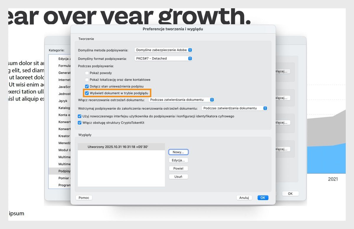 Okno dialogowe preferencji tworzenia i wyglądu wyświetla różne ustawienia. Opcja Wyświetlaj dokumenty w trybie podglądu jest włączona, aby umożliwić użytkownikom wyświetlanie dokumentów w formacie podglądu.
