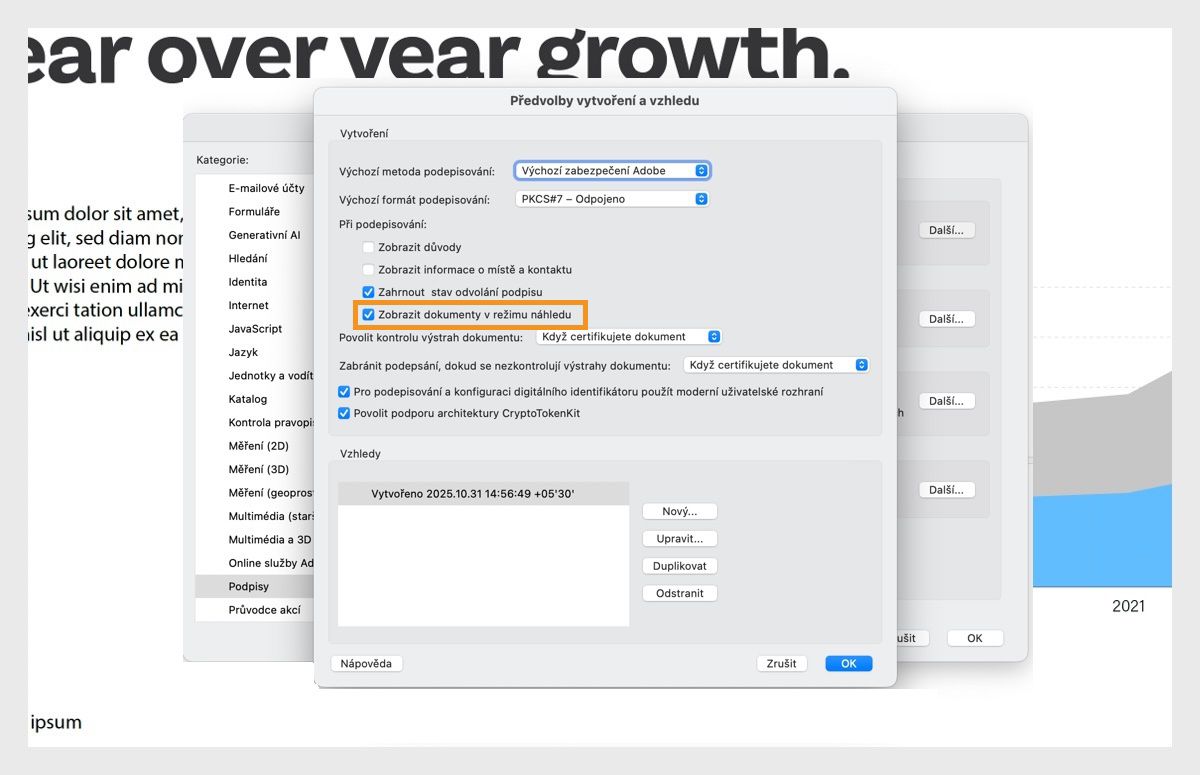 Dialogové okno Nastavení vytvoření a vzhledu zobrazuje různá nastavení.Možnost Zobrazit dokumenty v režimu náhledu je povolena, aby uživatelé mohli zobrazovat dokumenty v náhledovém formátu.