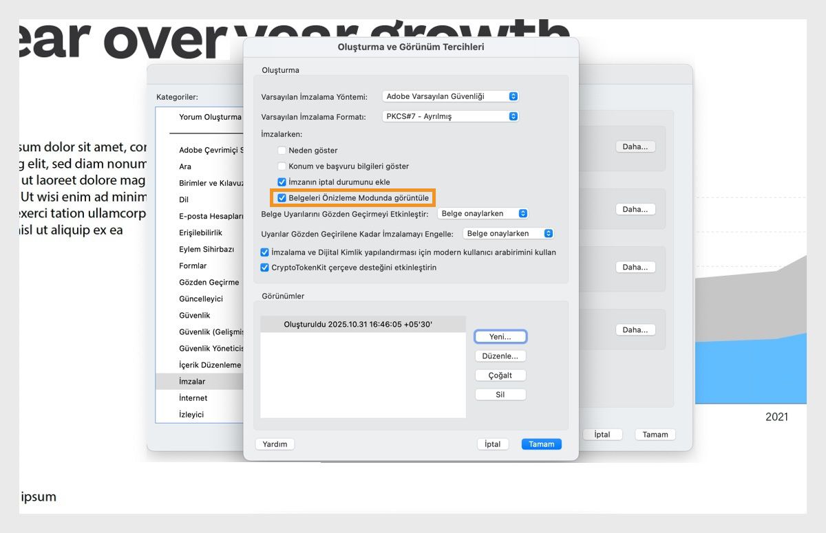 Oluşturma ve Görünüm Tercihleri iletişim kutusu çeşitli ayarları görüntüler.Kullanıcıların belgeleri önizleme formatında görüntülemesine izin vermek için Belgeleri Önizleme Modunda Görüntüle seçeneği etkinleştirilir.