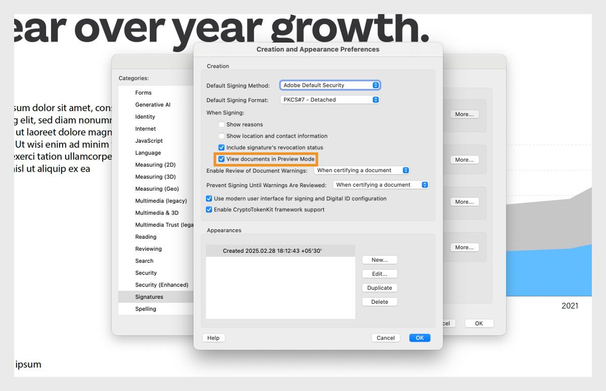 Ipinapakita ng dialog box ng Creation and Appearance Preferences ang iba't ibang setting. Naka-enable ang opsyong 'View documents in Preview Mode' para mapahintulutan ang mga gumagamit na tingnan ang mga dokumento sa preview format.