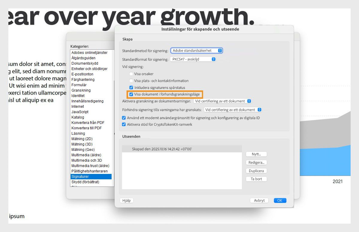 Dialogrutan för inställningar för skapande och utseende visar olika inställningar. Alternativet Visa dokument i förhandsgranskningsläge är aktiverat för att låta användare visa dokument i förhandsgranskningsformat.