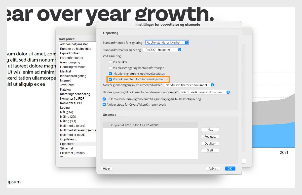 Dialogboksen for innstillinger for oppretting og utseende viser ulike innstillinger. Alternativet Vis dokumenter i forhåndsvisningsmodus er aktivert for å la brukere vise dokumenter i forhåndsvisningsformat.