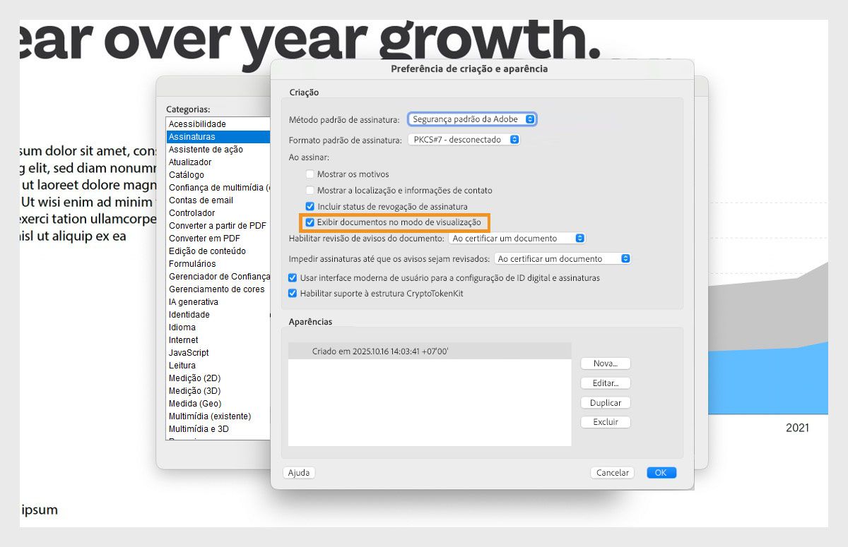 A caixa de diálogo Preferências de Criação e Aparência exibe várias configurações. A opção Exibir documentos no modo de visualização está ativada para permitir que os usuários vejam documentos no formato de visualização.