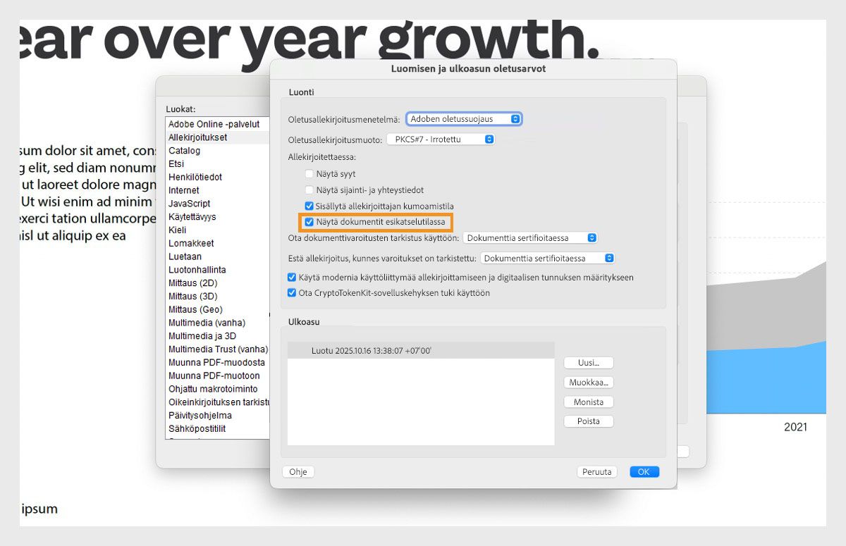 Luonti- ja ulkoasuasetusten valintaikkuna näyttää erilaisia asetuksia. Näytä Asiakirjojen tarkasteleminen esikatselutilassa -vaihtoehto on käytössä, jotta käyttäjät voivat tarkastella asiakirjoja esikatselumuodossa.