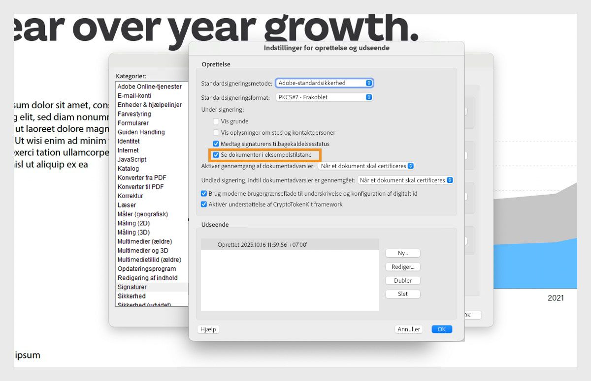 Dialogboksen Indstillinger for oprettelse og udseende viser forskellige indstillinger. Indstillingen Vis dokumenter i forhåndsvisning er aktiveret for at give brugerne mulighed for at se dokumenter i forhåndsvisningsformat.