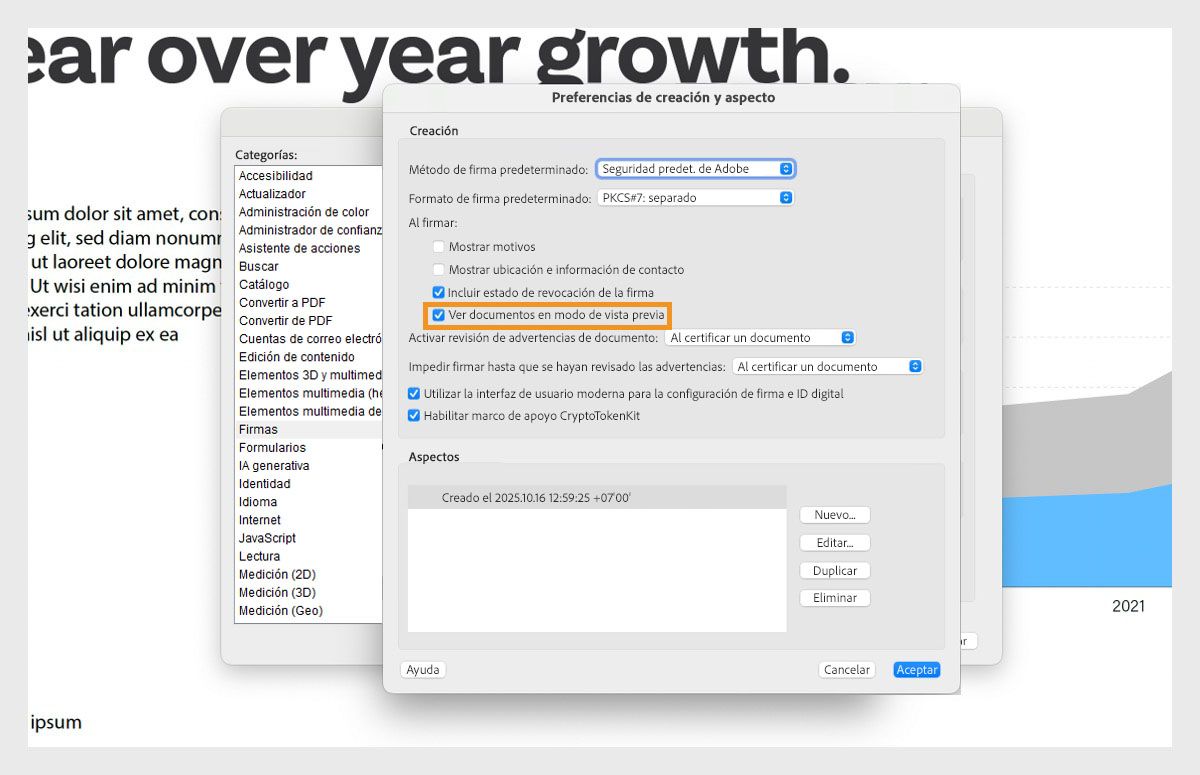 El cuadro de diálogo Preferencias de creación y apariencia muestra varias configuraciones. La opción Ver documentos en modo de vista previa está habilitada para permitir a los usuarios ver documentos en formato de vista previa.