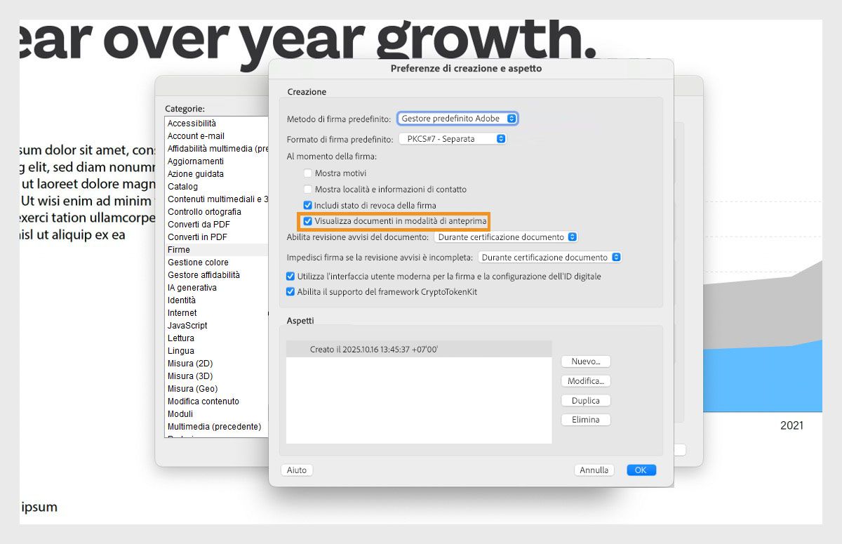 La finestra di dialogo Preferenze di creazione e aspetto mostra varie impostazioni. L’opzione Visualizza documenti in modalità anteprima è abilitata per consentire agli utenti di visualizzare i documenti in formato anteprima.