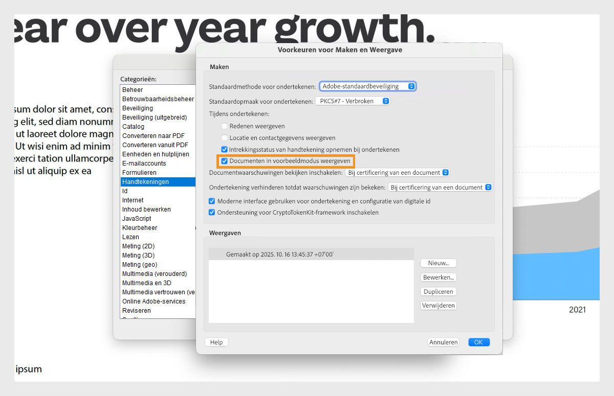 Het dialoogvenster Voorkeuren voor creatie en weergave toont verschillende instellingen. De optie Documenten weergeven in voorvertoningsmodus is ingeschakeld zodat gebruikers documenten in voorvertoningsformaat kunnen bekijken.