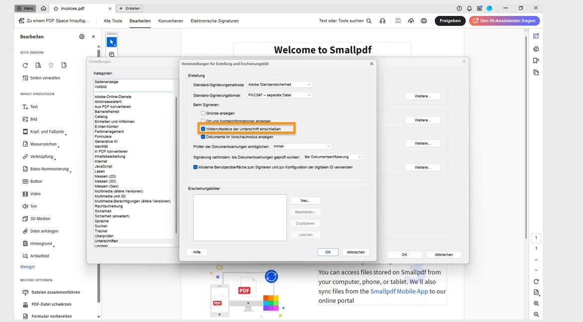 Das Dialogfeld „Erstellung und Erscheinungsbild“ zeigt mehrere Optionen an, wobei der Abschnitt „Beim Signieren&quot; Optionen zum Anzeigen von Gründen, Einbeziehen des Aufhebungsstatus der Signatur und mehr bietet.