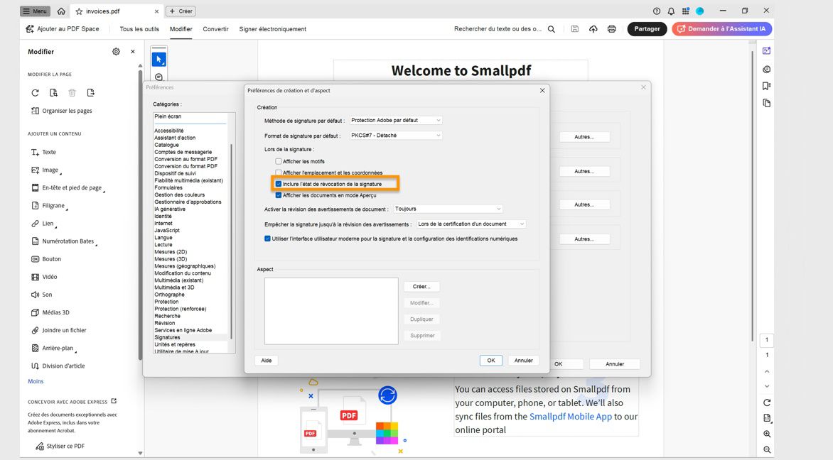La boîte de dialogue Création et apparence affiche plusieurs options, parmi lesquelles la section Pendant la signature propose des options pour Afficher les raisons, Inclure l'état de révocation de la signature, et plus encore.