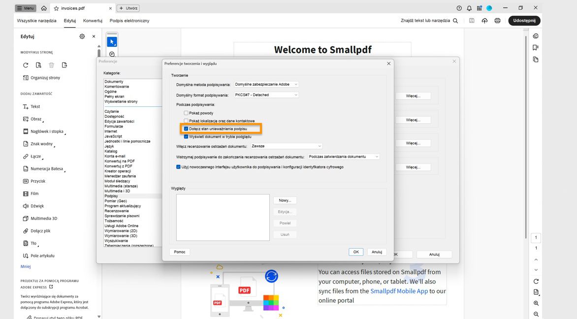 Okno dialogowe Tworzenie i wygląd zawiera wiele opcji, w tym sekcję „Podczas podpisywania”, która zapewnia opcje Pokaż powody, Dołącz stan unieważnienia podpisu i nie tylko.