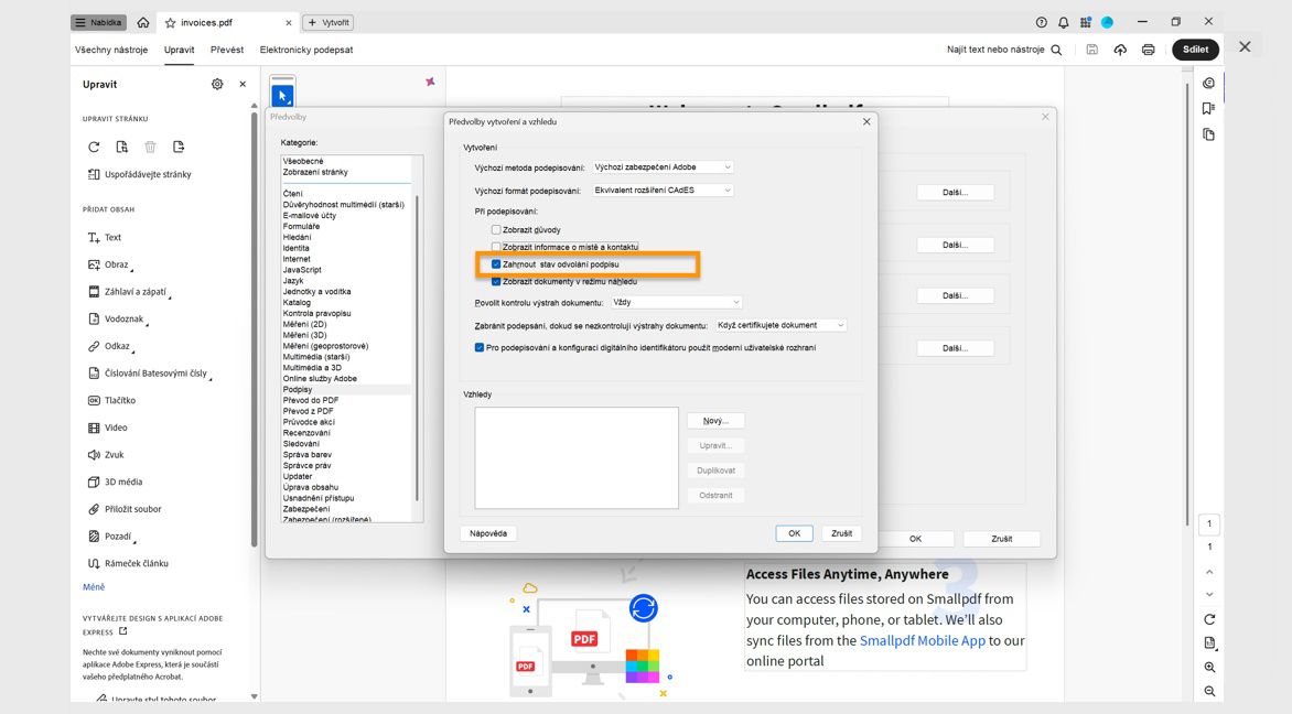 Dialogové okno Vytvoření a vzhled zobrazuje několik možností, přičemž v části Při podepisování nabízí možnosti Zobrazit důvody, Zahrnout stav odvolání podpisu a další.