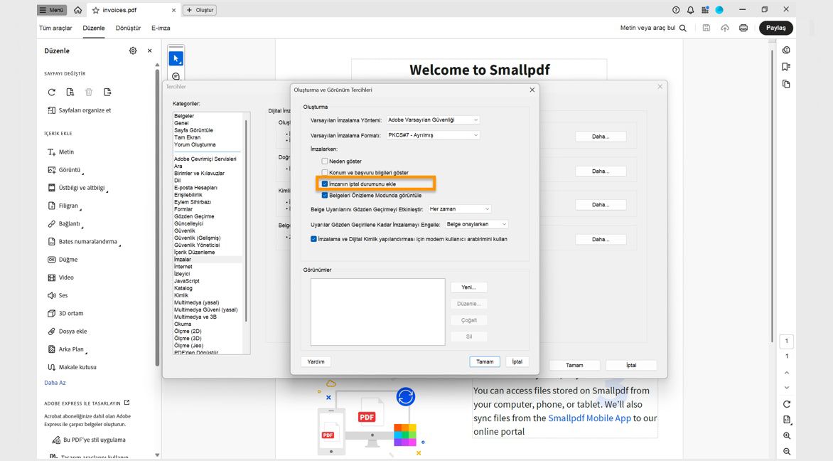 Oluşturma ve Görünüm iletişim kutusu, İmzalama Sırasında bölümünde Nedenleri göster, İmzanın iptal durumunu dahil et ve daha fazlasını içeren çeşitli seçenekleri gösterir.