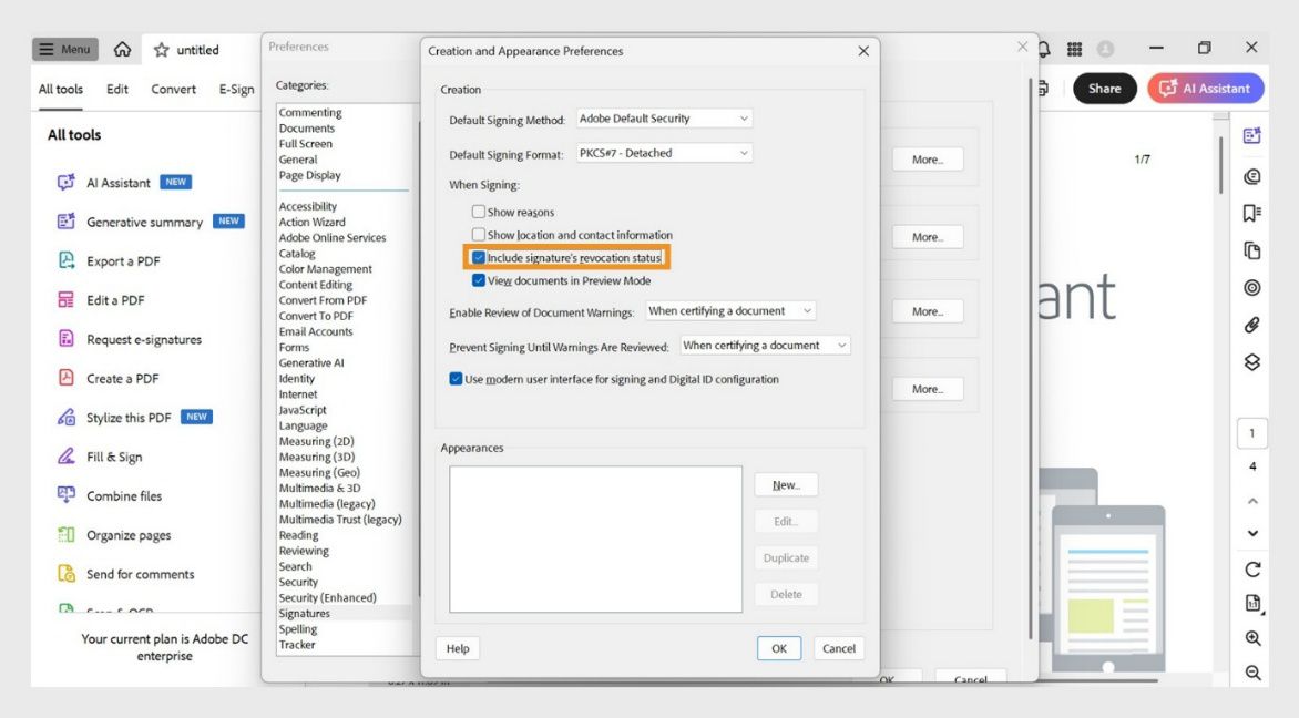 Ang Creation and Appearance dialog box ay nagpapakita ng maraming opsyon kung saan ang While Signing section ay nag-aalok ng mga opsyon para ipakita ang mga dahilan, isama ang revocation status ng lagda, at iba pa.