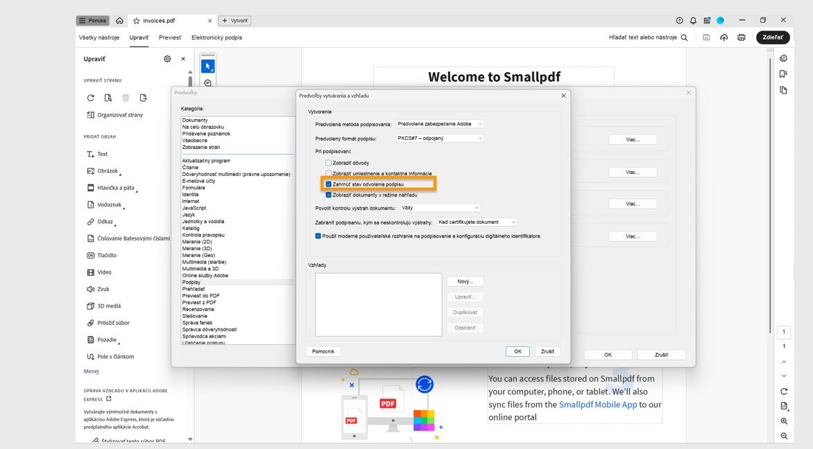 &quot;Dialógové okno Creation and Appearance zobrazuje viacero možností, pričom v časti While Signing sa nachádzajú možnosti ako Show reasons, Include signature's revocation status a ďalšie.