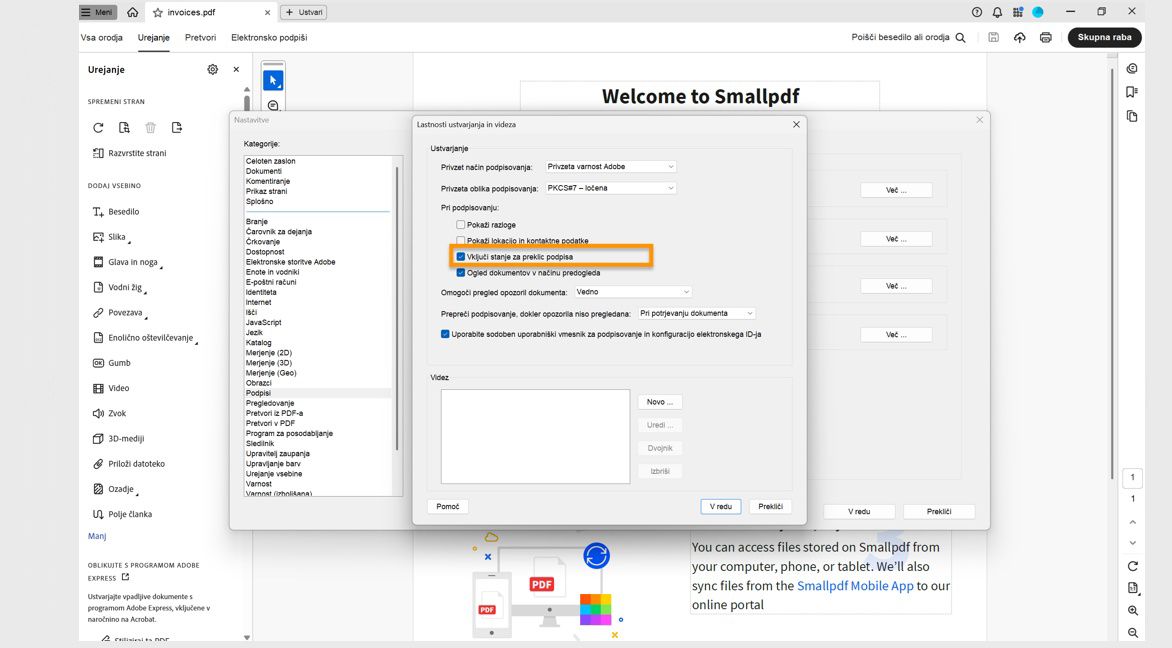 V pogovornem oknu Ustvarjanje in videz je prikazanih več možnosti, med katerimi vam razdelek Med podpisovanjem ponuja možnosti Prikaži razloge, Vključi stanje preklica podpisa in še več.