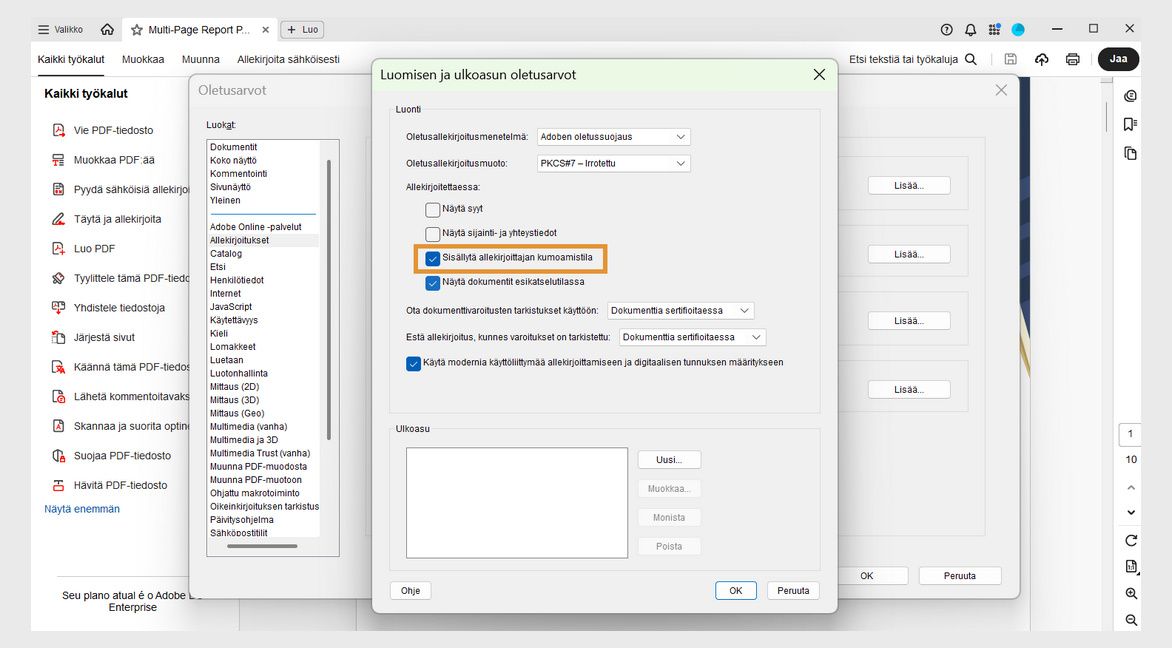 Luonti ja ulkoasu -valintaikkunassa näkyy useita vaihtoehtoja, joista Allekirjoitettaessa-osio tarjoaa vaihtoehtoja kuten Näytä syyt, Sisällytä allekirjoituksen peruutustila ja muita.