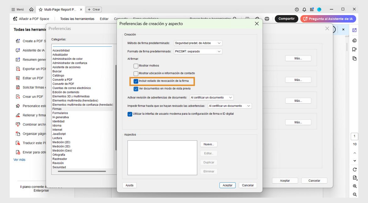 El cuadro de diálogo Creación y apariencia muestra múltiples opciones bajo las cuales la sección Durante la firma ofrece opciones para Mostrar motivos, Incluir estado de revocación de la firma y más.