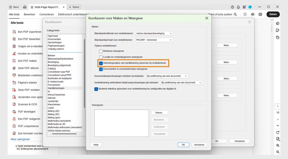 Het dialoogvenster Creatie en weergave toont meerdere opties waarbij de sectie Tijdens ondertekening opties biedt om redenen te tonen, de intrekkingsstatus van de handtekening op te nemen en meer.